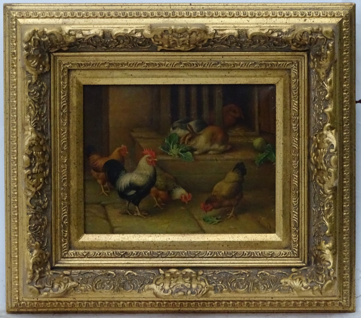 Follower of Edgar Hunt, XX, Oil on canvas, Hens and rabbits, In a heavy gilt frame. - Image 5 of 10