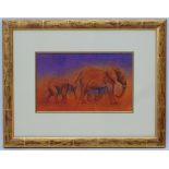 Justin Tew (1969), Oil on paper, A young elephant follows it's parent, Signed lower left.