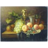 J Kent, XX, Oil on panel, Still life with fruit, goblets etc on a table top, Signed lower right.