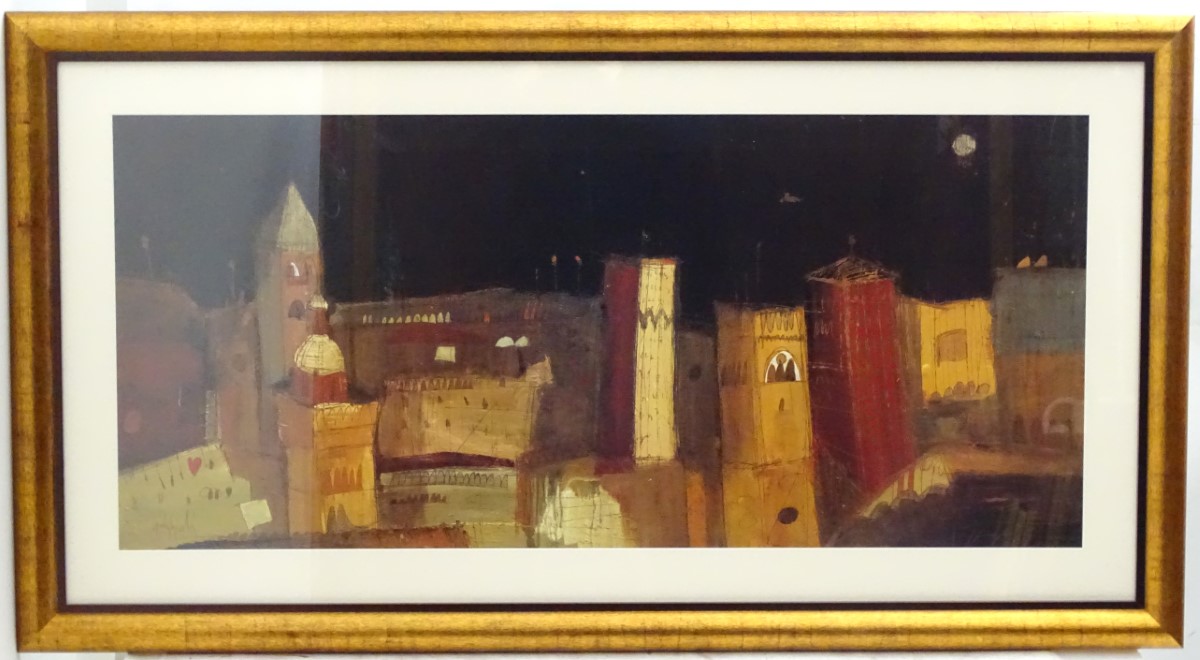 After Georg Gruola, XX, Coloured print, Marrakesh in the evening, Facsimile signed lower left.
