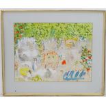 P Salmon, 1957, Watercolour and gouache, Tenerife market square, Signed and dated lower left,