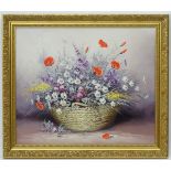 Fallal, XX, Oil on canvas, A still life of flowers, poppies etc. in a basket, Signed lower right.