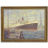 HE Foster, Modern British Marine School, Oil on canvas, A cruise liner leaving the harbour quay,