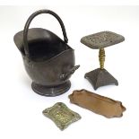 Assorted metalware comprising a copper coal scuttle, a plannished copper tray,