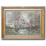 F Davies, XX, Oil on canvas, Cattle beside an autumn river, Signed and dated lower right.