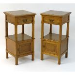 A pair of late 19thC oak Gothic bedside cabinets / night stands with crossbanded tops,
