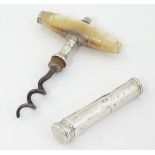 A white metal corkscrew with mother of pearl handle.