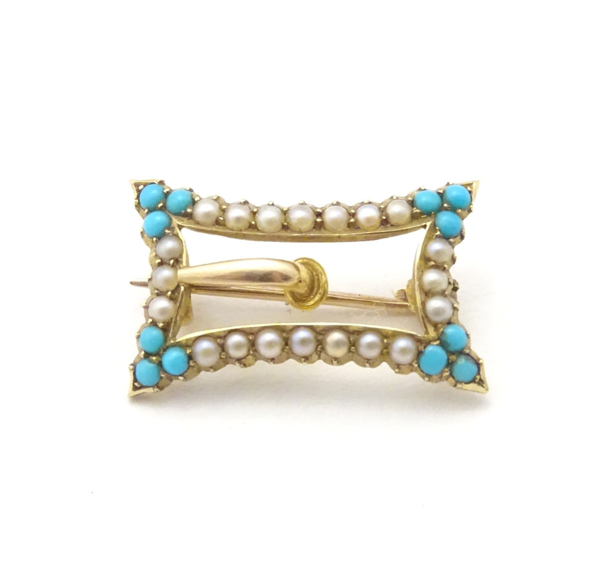 A late 19thC / early 20thC 15ct gold buckle formed brooch set with turquoise and seed pearl. - Image 5 of 10