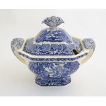 A Mason's ironstone china blue and white lidded tureen with twin handles, in the pattern Vista.