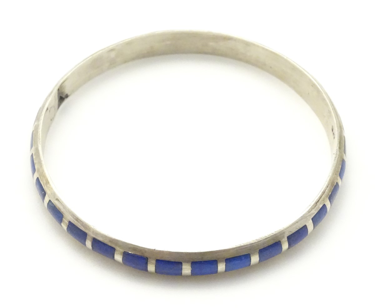 A silver bangle bracelet set with lapiz lazuli CONDITION: Please Note - we do not - Image 4 of 5