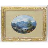 George William Pettitt (1831-1863), Gouache and watercolour, an oval, 'Old Bridge, Patterdale,