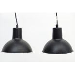 Vintage Retro: a Danish Pair of ES Horn hanging pendant lamps / lights in black livery,