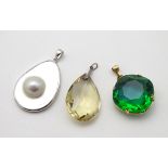 3 various pendants, a pear shaped facet cut citrine coloured pendant,