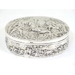 Continental silver table box of oval form profusely decorated with various Continental hunting