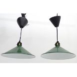 Vintage Retro : A pair of light fittings with green painted metal conical shades approx 10"