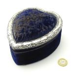 A large velvet covered dressing table box of heart shape with silver surround hallmarked Birmingham