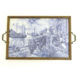 A wooden tray with 6 delft blue tiles decorated with a harbour scene with boats, a windmill,