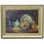 Attributed to R. O. Dunlop, XIX, Oil on canvas, Still life of items on a table, Signed lower left.