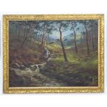 John Fud???, 1920, Sottish School, Oil on canvas, A Highland stream enters the woods,