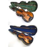 Musical Instruments: a cased 19thC Violin and two bows, the case bearing trade label for Hill & Son,