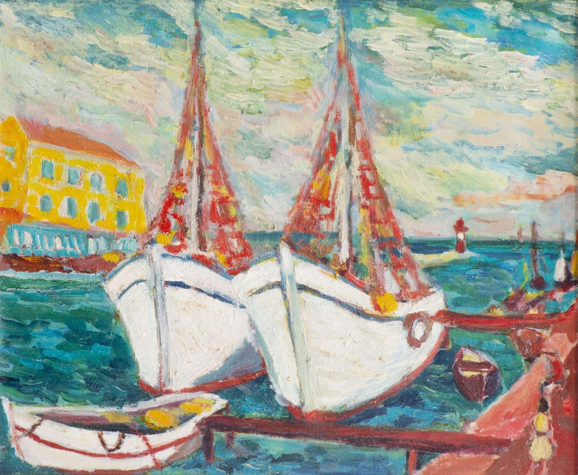 Emile-Pierre Bonny (1913-1974), "Le port". Huile sur toile, ns, inscrit sur le [...]