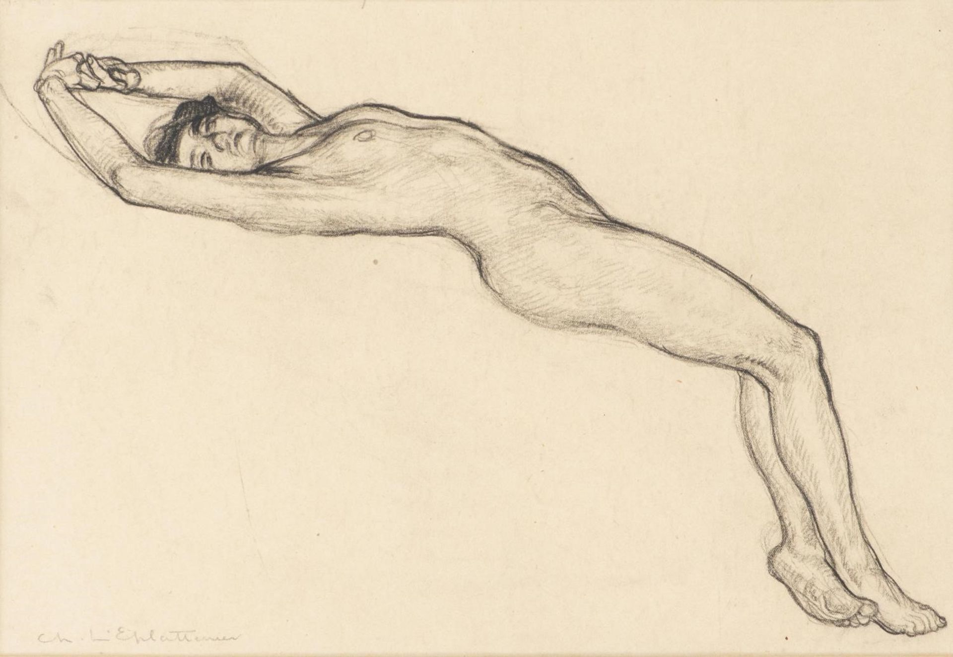 Charles L'Eplattenier (1874-1946),"Nu couché". Crayon gras sur papier, sbg. 23x33.5 [...]