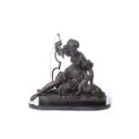 Sculpture en bronze à patine médaille d'une Diane assise caressant son chien H. [...]