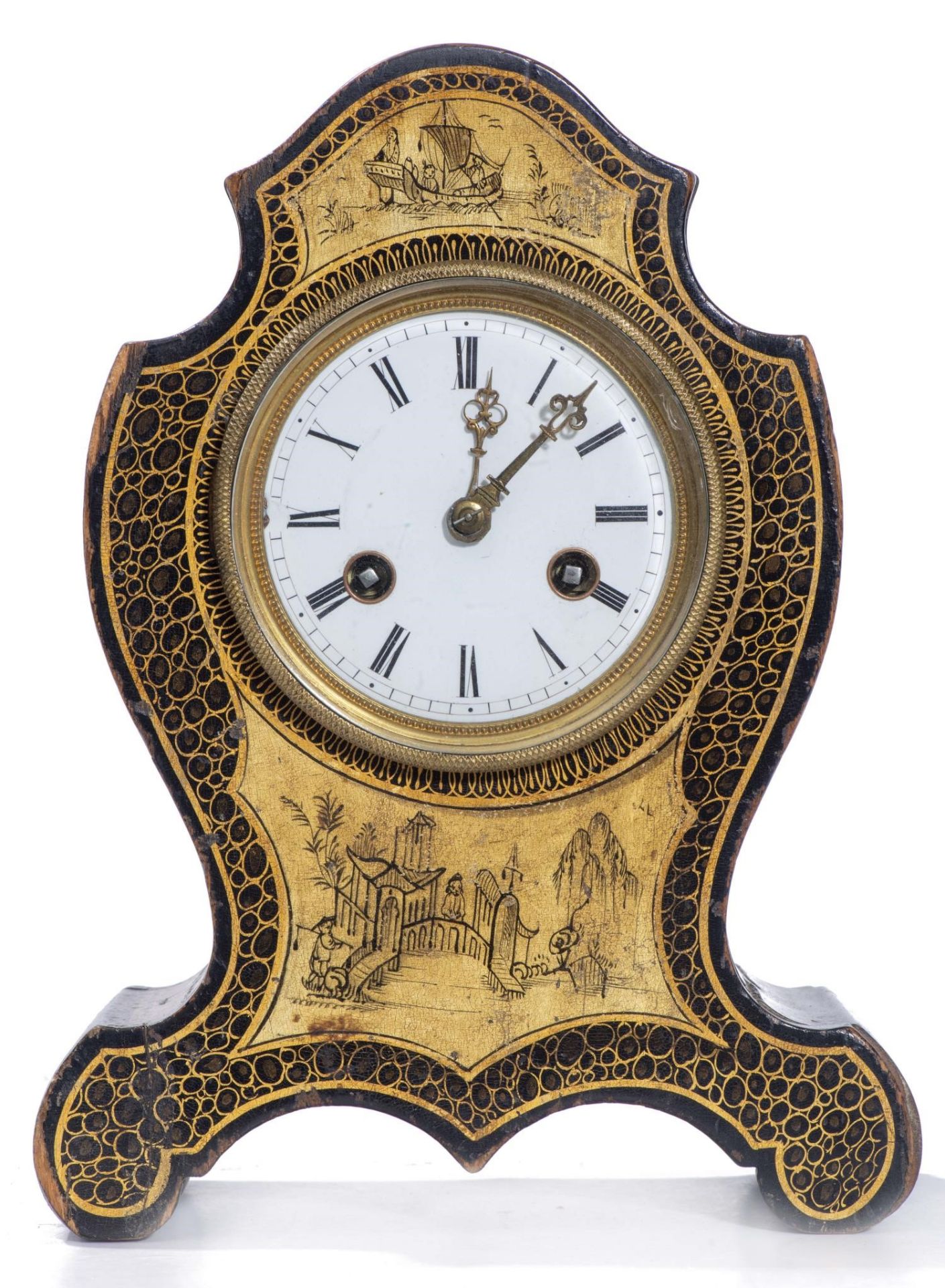 Petite horloge de table à boîtier en bois à décor en laque noire et dorée au [...]