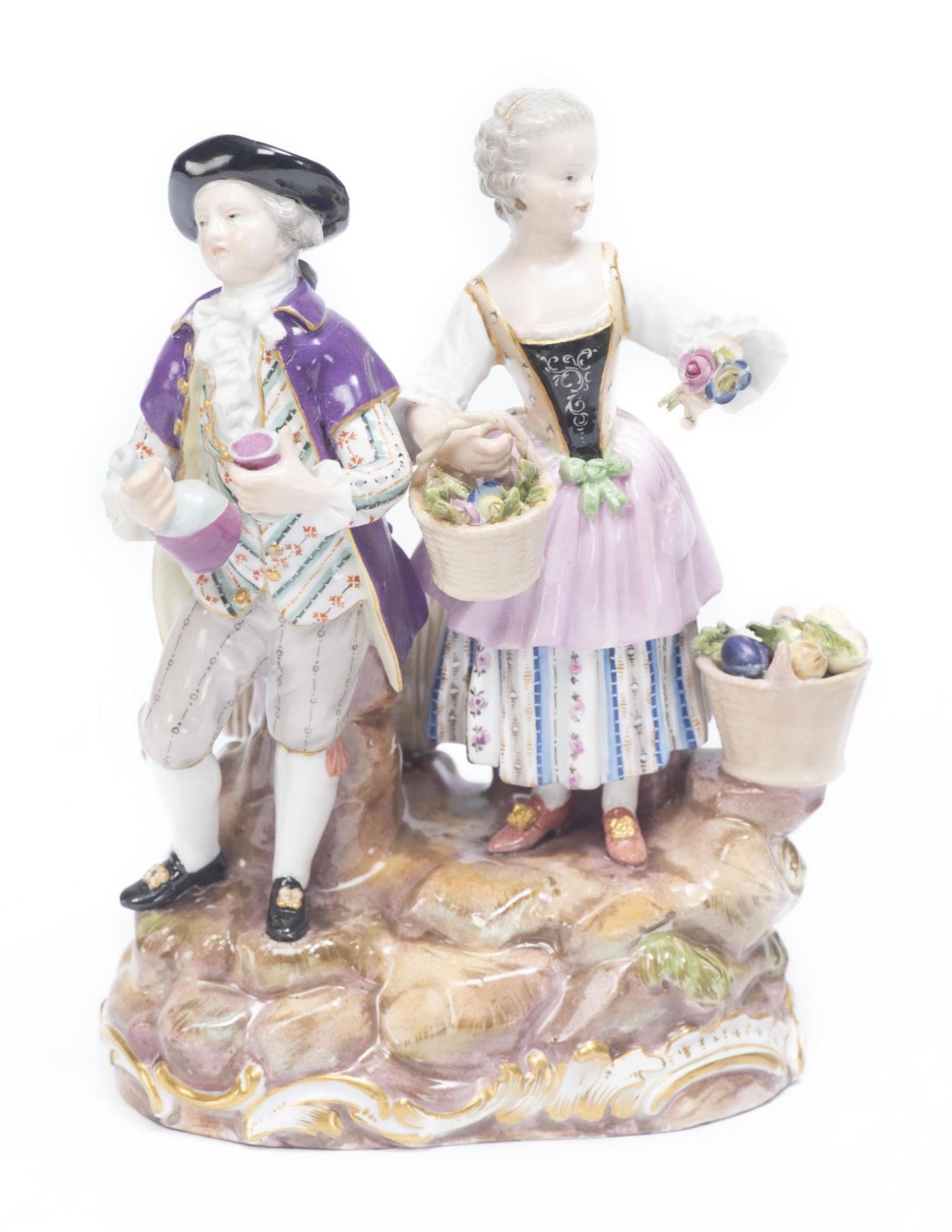Sujet en porcelaine de Meissen, marchands de fleurs et de vin H. 15.8x11x7.5 cm [...]