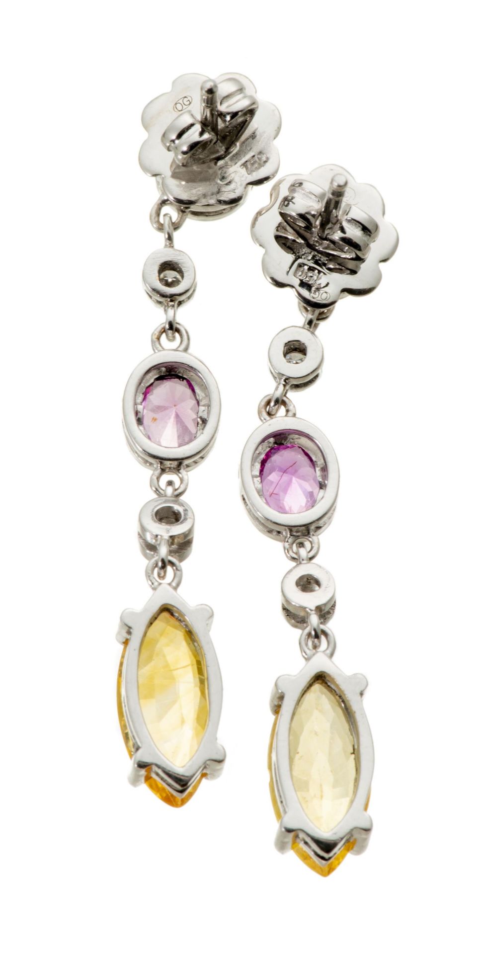 Paire de pendants d'oreille en or gris .750 saphir rose et jaune - Bild 5 aus 6