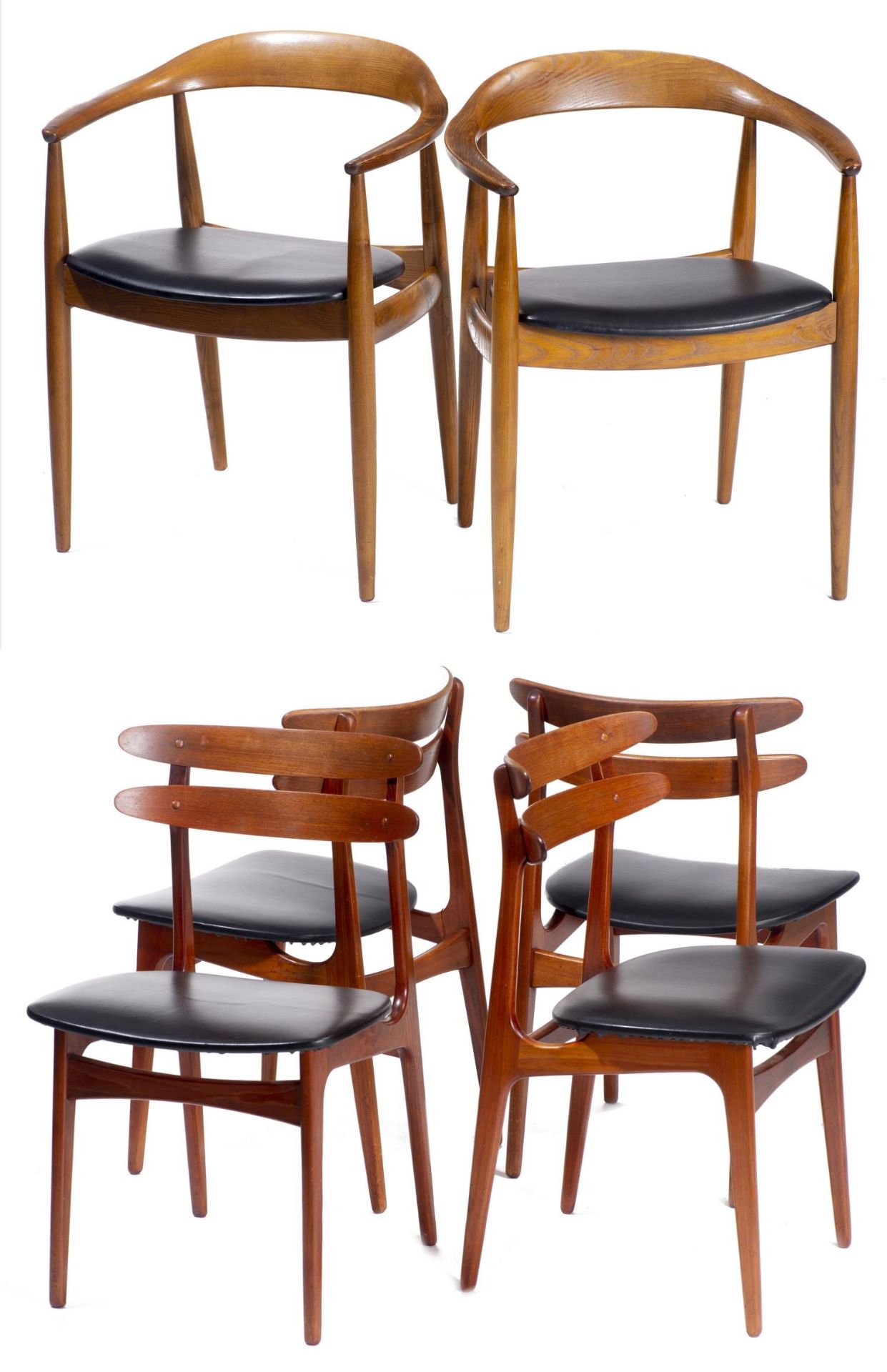 Quatre chaises en teck et deux fauteuils en chêne de style scandinave