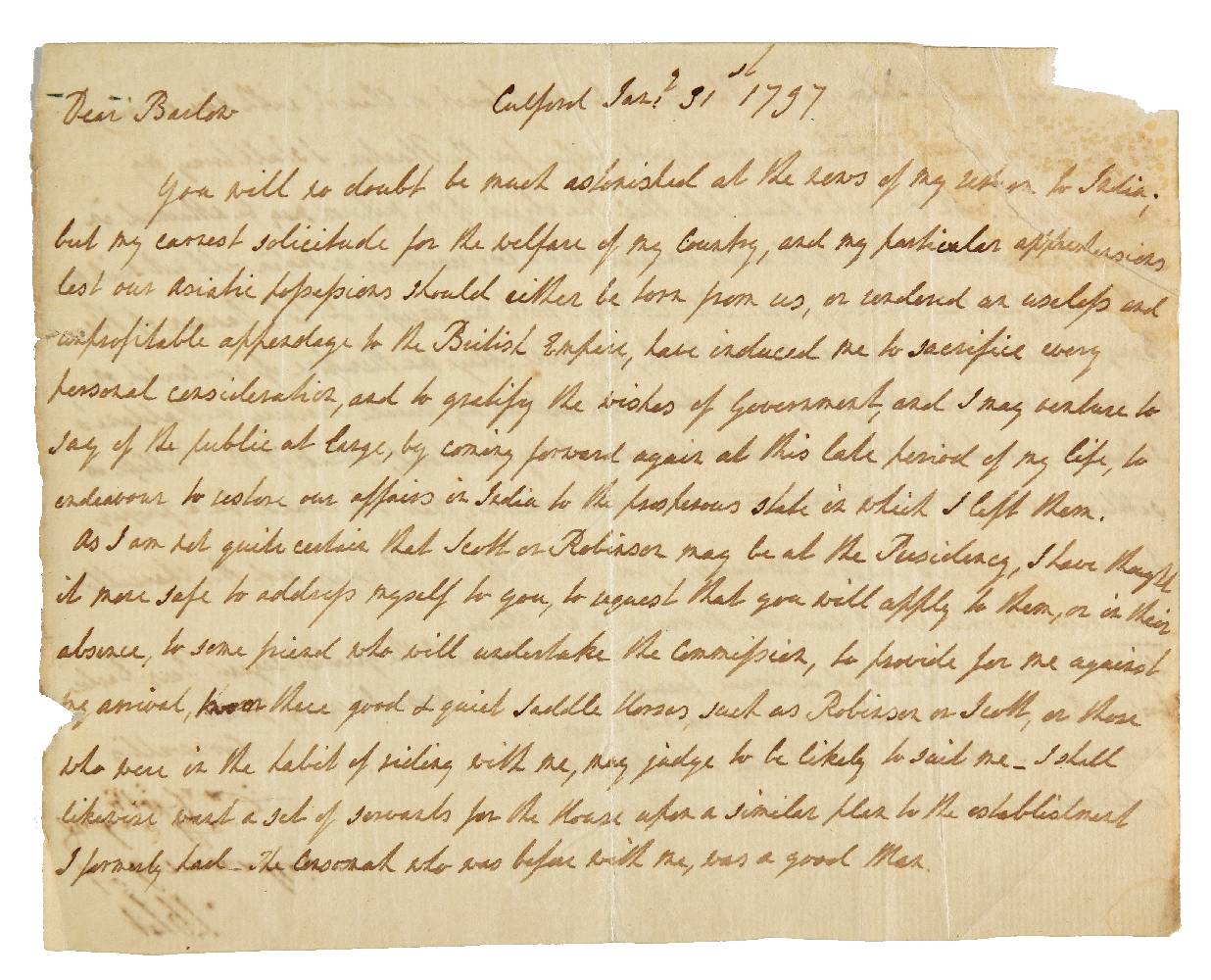 *East India Company. Autograph letter signed from Charles Cornwallis, 1st Marquess Cornwallis (