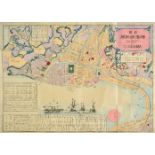 Yokohama. Map of Yokohama, Taisho era (1912 - 1926), pictorial colour woodblock map, title in