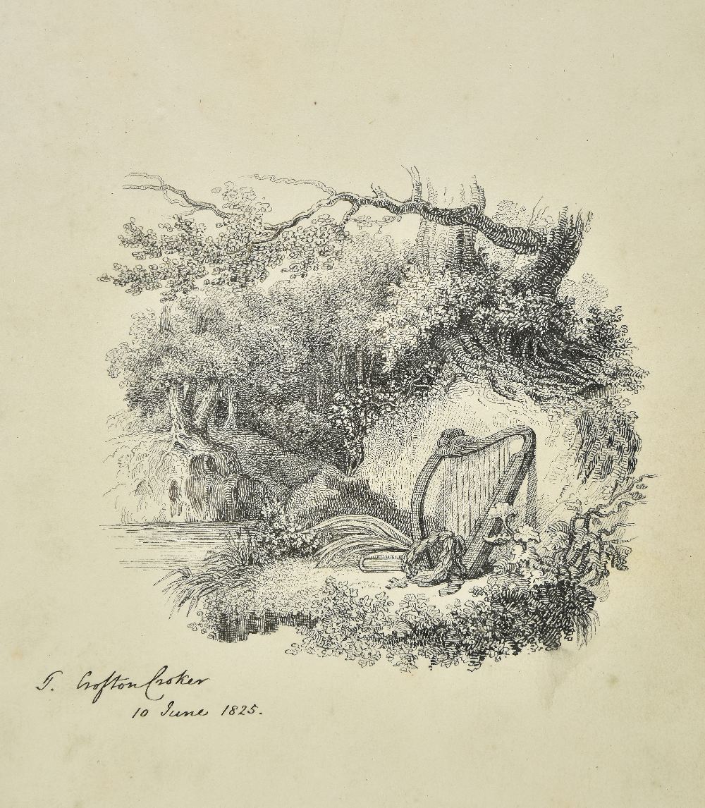 *Croker (Thomas Crofton, 1798-1854). Wooded river bank scene with Irish harp, book & wreath, 10 June