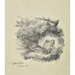 *Croker (Thomas Crofton, 1798-1854). Wooded river bank scene with Irish harp, book & wreath, 10 June