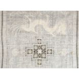 *Chinese. A large Chinese dragon tablecloth, late 19th century, fine cream linen cloth, with