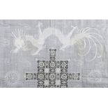 *Chinese. A large Chinese dragon tablecloth, late 19th century, fine white linen cloth, with