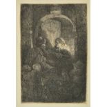 *Rembrandt (Harmensz. van Rijn, 1606-1669). Woman at a door hatch talking to a man and children,