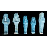*Ancient Egypt. Five blue turquoise faience mummiform Shabti including a 19/20th Dynasty one of