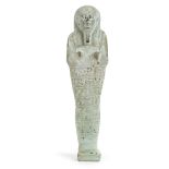*Ancient Egypt. 26th Dynasty, blue faience Shabti of Hathor-em-hetep, large finely modelled