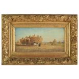 *Huet (F., late 19th century). Hay making, oil on wood panel, summer landscape depicting peasants