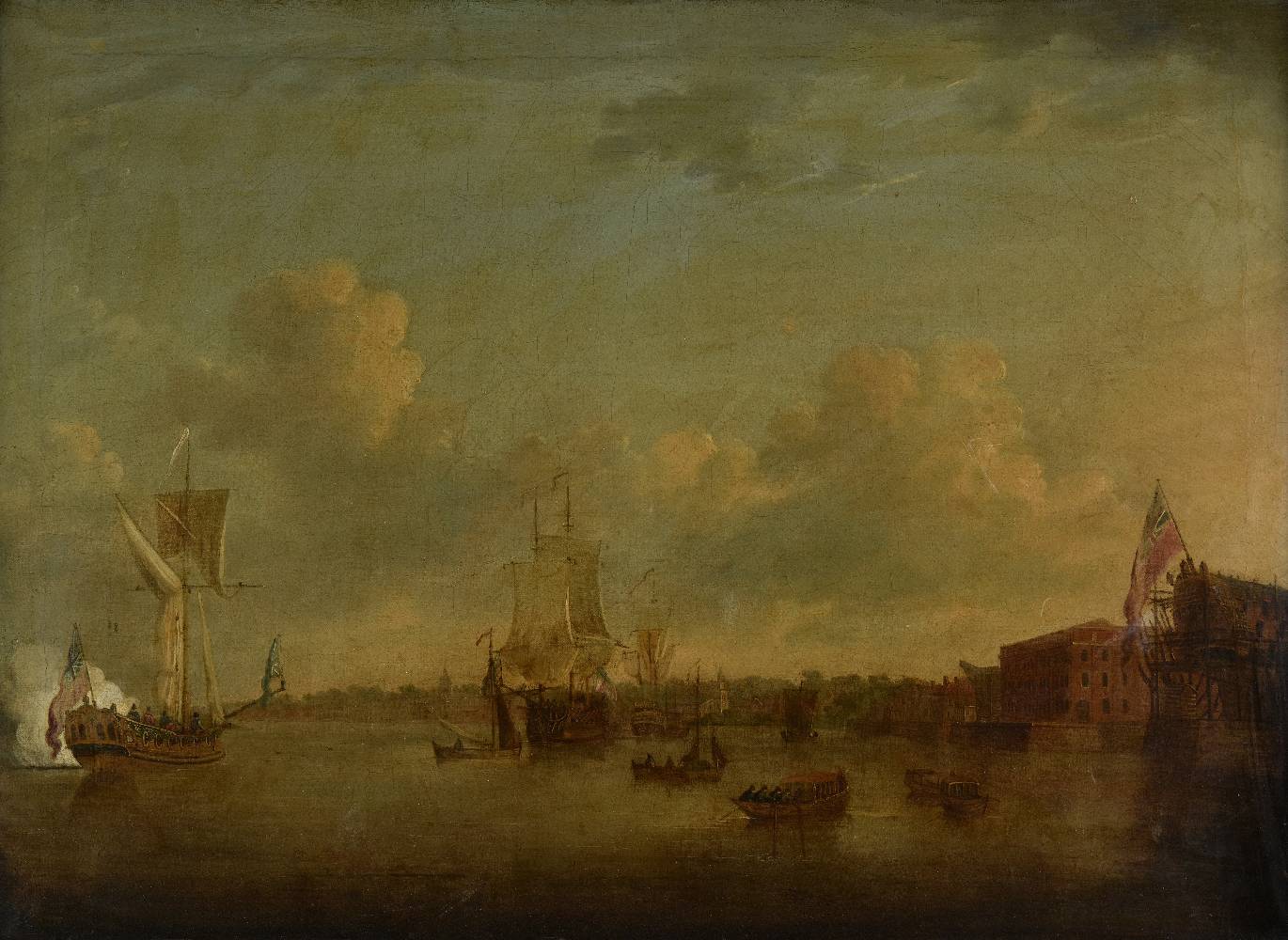 *Attributed to John Cleveley (c.1712-1777). Marine Landscape of Naval ships approaching Greenwich