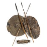 *Tribal Items. A Zulu shield hide shield, Sudanese 'Beja' elephant hide shield, 3 African spears