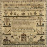 *Sampler. A large sampler by Harriet Bayliss, mid 18th century, worked in fine cross-stitch on