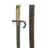 * French Bayonet. A French M1866 Chassepot bayonet, the 57.5cm yataghan steel blade with hooked ...