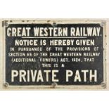 * Railway Interest. A 1920s Great Western Railway cast iron sign, for 'Private Path', with six f ...