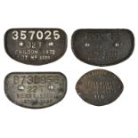 * Railway Interest. Four cast iron Railway wagon repair plates, comprising 14 Ton BR, 22 Ton Der ...