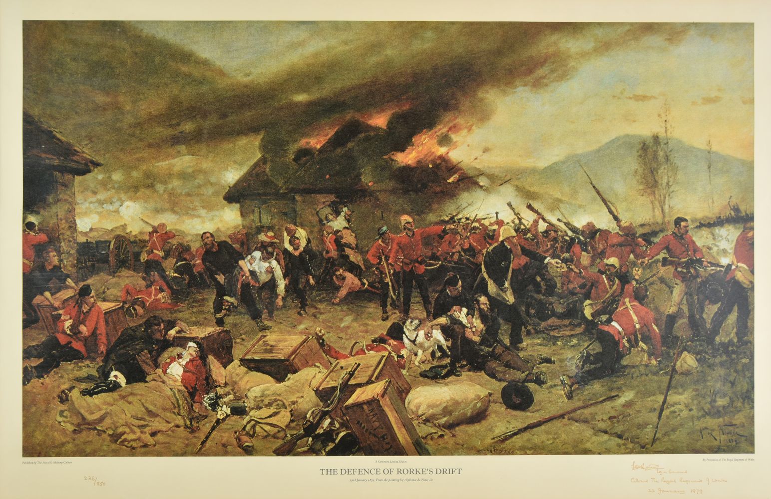 * Neuville (Alphonse de, 1835-1885). The Defence of Rorke's Drift, colour print, Centenary Limit ...