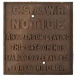 * Railway Interest. A cast iron penalty notice for Great Southern & Western Railway, the square ...
