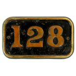 * Railway Interest. A brass cabside numberplate, 128 on a black painted ground, two fixing holes ...